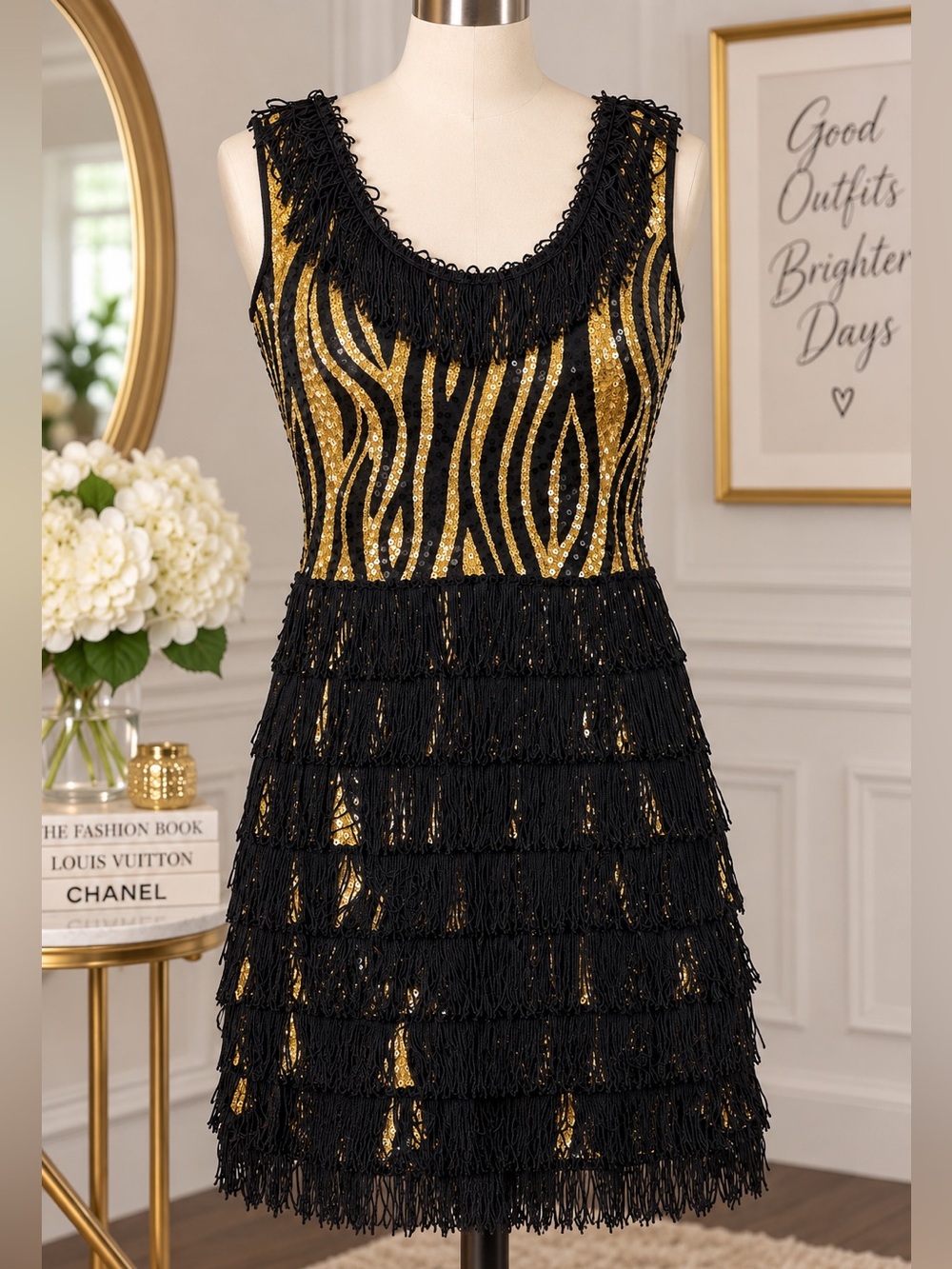 Pinklicious Black Gold Sequin Fringe Flapper Gatsby Dress M EUC